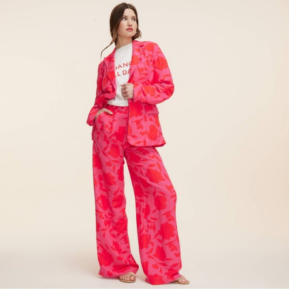 NWT Kate Spade x Target Pink & Red Rose High Rise Linen Trouser Pant Siz…